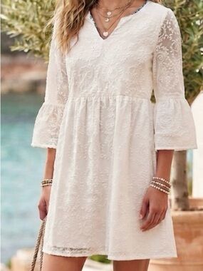 Kate & Sam White Embroidered Eyelet Bell Sleeve Shift Dress Sz S